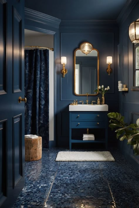 Unleash sophistication in your bathroom with the classic blues of Blue Suede Shoes (798). Dive into our daily interior designer routine for inspiration and elegance! #Ad #homedecor #homedesign #bathroom #Painthome interiorarchitecture best Wall Colors for Bathroom Colors Bright Room Colors best colors combinations bathroom bathroom Remodeling Modern Paint Colors 2024 Powder Room Navy Blue, Dark Blue Bathrooms Ideas, Blue On Blue Bathroom, Blue Panelled Bathroom, Bathroom Paint Combinations, Cerulean Blue Bathroom, Bathroom Decor Blue Walls, Small Bathroom Dark Colors, Best Blue Paint For Bathroom