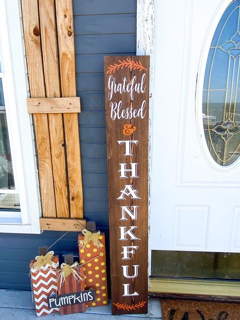 Thanksgiving Front Door, Holiday Boards, Fall Outdoors, Thankful Sign, Wood Porch, Wooden Door Sign, Front Door Entryway, Fall Wood Signs, Board Signs