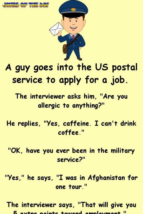 A guy goes into the US postal service to apply for a job – Jokes Of The Day Apply For A Job, Clean Funny Jokes, Us Postal Service, Funny Long Jokes, Clean Jokes, Long Jokes, Joke Of The Day, Funny Jokes For Adults, Clean Humor