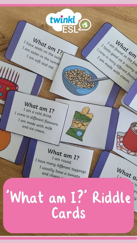 English Food vocabulary themed riddle card activity. Food Riddles, Guessing Games For Kids, What Am I Riddles, English For Students, Building Vocabulary, Esl Games, English Games, Speaking Activities, Esl Teachers