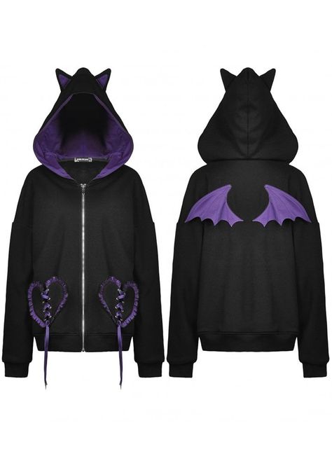 The Harajuku Cat Jacket With Bat Wings from Dark In Love is a cute hoodie with zip fastening. This pastel goth hoodie combines our love of cats and bats with a cat ear hood and purple bat wings on the back. It also features heart pockets with purple ribbon and lacing.    Black   Zip fastening hoodie with cat ears   Heart pockets with purple ribbon and lacing   Purple bat wings on the back   69% Polyester, 29% Cotton, 2% Spandex Purple Goth Outfits, Cat Hoodie With Ears, Black And Purple Hoodie, Purple Pastel Goth, Pastel Goth Hoodie, Emo Hoodie, Cat Ear Hoodie, Hoodie With Zip