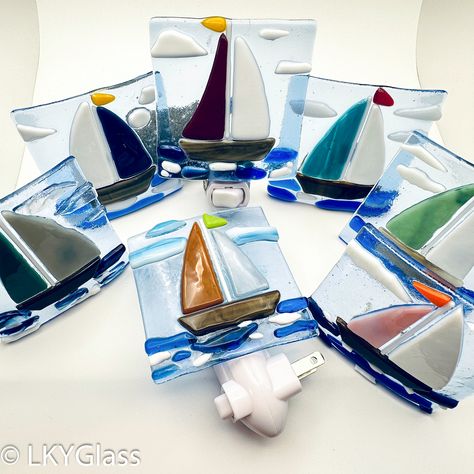 Fused Glass Nightlights, Fused Glass Night Light Ideas, Boat Colors, Orange Flag, Sailing Decor, Beach House Lighting, Night Lite, Nite Lights, Glass Boat