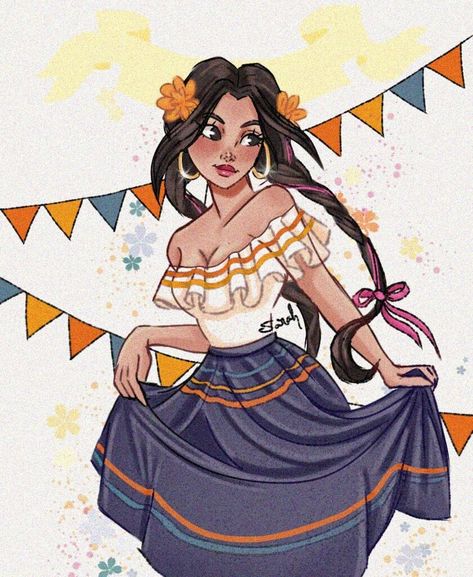 Spanish Clothes Traditional, Charro Drawing, Mexican Girl Drawing, Spanish Character Design, Mexican Anime Characters, Traditional Clothing Drawing, Mexican Woman Art, Mexican Character Design, Mexican Oc