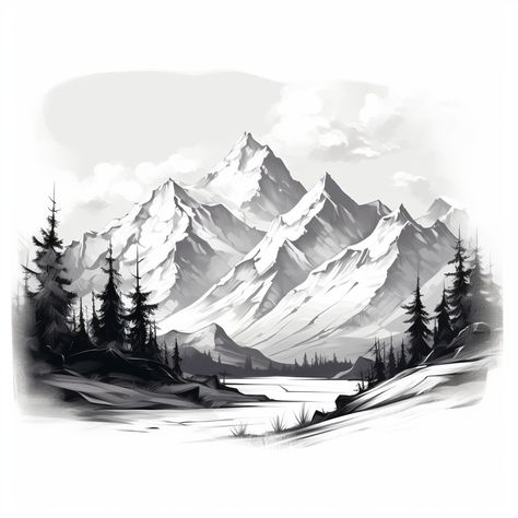 Mountain Scene Tattoo Design, Mountains Pencil Drawing, Mountain And Trees Tattoo Design, Montagne Tattoo, Mountain Range Drawing, Berg Tattoo, Mountains Drawing, Mountain Range Tattoo, Lukisan Lanskap