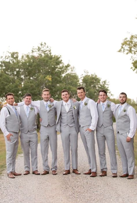 Groomsmen Attire Grey, Rustic Groomsmen Attire, Fall Wedding Groomsmen, Light Blue Wedding Colors, Vintage Farm Wedding, Groomsmen Colours, Light Gray Wedding, French Blue Wedding, Wedding Groomsmen Attire