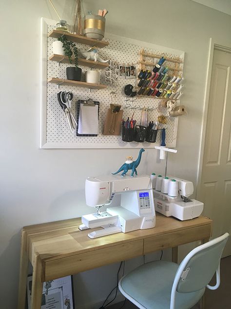 Anatomy of a Small Sewing Space Diy Small Sewing Table, Small Sewing Desk Ideas, Sewing Small Space, Small Sewing Desk, Spare Bedroom/sewing Room Ideas, Small Sewing Station, Bedroom Sewing Space, Sewing Desk Organization, Sewing Station Aesthetic