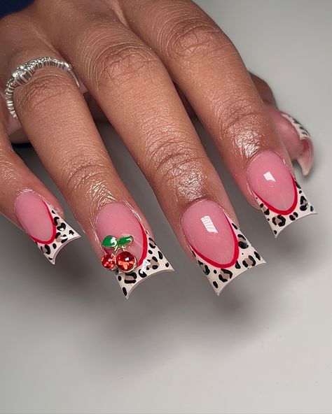 Loving the animal prints 😍 - - - - - - - - - #nails #latto #cheetahprint #zebraprint #leopardprint #rednails #frenchtips #tutorial #nailtips #naildesign #nailporn #nailjunkie #junknails #cherrynails #pinknails Red Leopard French Tip Nails, Short Nails Leopard Print, Animal Print Nails Short, Nails Print Animal, Y2k Animal Print Nails, Chetta Print French Nails, Cherry And Cheetah Nails, Zebra And Cheetah Nails, Jaguar Print Nails