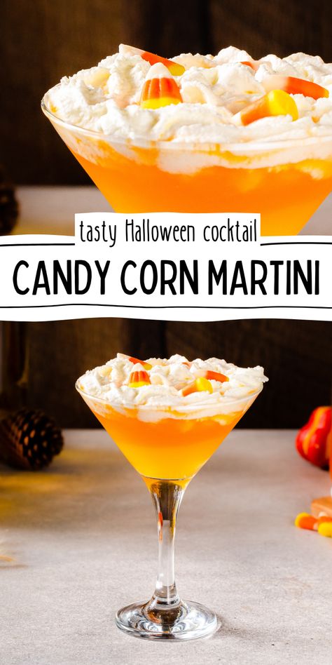 Close up of Candy Corn martini with whipped cream on top and mini candy corns, and below that is a pulled back shot showing the whole drink. Text in the middle says "Tasty Halloween Cocktail - Candy Corn Martini". Candy Apple Martini, Candy Infused Vodka, Candy Corn Jello Shots Recipe, Candy Corn Cocktail, Candy Corn Martini, Candy Corn Drink, Candy Corn Drinks, Candy Corn Jello Shots, Alcohol Candy