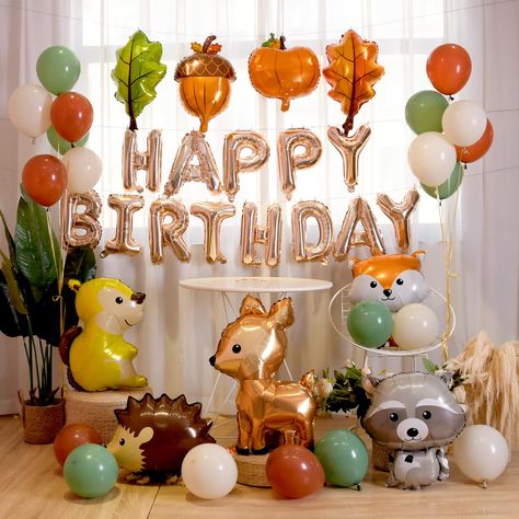 PRICES MAY VARY. Birthday package includes: 1 Sika Deer balloon,1 hedgehog balloon,1 raccoon balloon, 1 squirrel balloon, 1 fox balloon, 2 leaf balloons, 1 pumpkin balloon, 1 pine nut balloon, 1 'Happy Birthday' balloon, 20 colored round latex balloons, 1 balloon ribbon, and 1 balloon suction tube. The happy birthday decoration balloons have uniform, fresh and bright color, high quality and thick layers that are not easy to burst and leak. The latex balloons are durable with very small odor. Dea Woodland Animals Birthday Party, November Birthday Ideas, Woodland 1st Birthday Boy, Woodland Balloons, Kids Fall Birthday Party, Autumn Birthday Theme, Fall Birthday Party Decorations, Forest Theme Birthday Party, Fall Themed Birthday Party