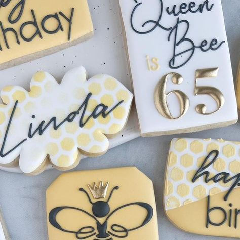 CD’s Cookies on Instagram: "The Queen Bee is 65! Happiest of birthdays! 👸🏼 #queenbee #birthdaycookies #queenbeecookies #customsugarcookies #decoratedsugarcookies #customcookies #beecookies #65thbirthday #owasso #tulsa #oklahomabaker #royalicing #talentedcookiers" Bee Sugar Cookies, Bee Cookies, S Cookies, Happiest Of Birthdays, Bee Birthday, 65th Birthday, Birthday Cookies, Queen Bee, Custom Cookies