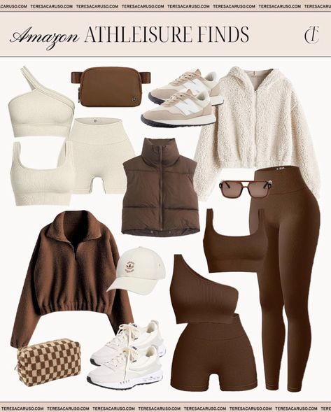 Brown Athleisure Outfit, Beige Leggings Outfit Winter, Athleisure Outfits Women, How To Style Brown Leggings, Brown Gym Outfit, Work Out Outfits, Winter Gym Outfit, Brown Leggings Outfit, Amazon Athleisure