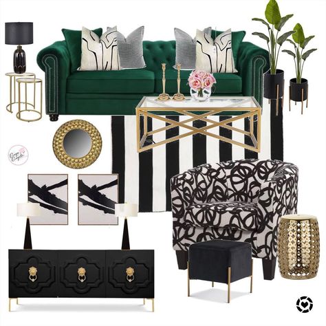 Emerald Green Living Room Ideas, White Living Room Inspiration, Emerald Green Living Room, Black Apartment, Small Studio Apartment Decorating, Walls Ideas, Green Accent Walls, Luxury Living Room Decor, Black And White Living Room