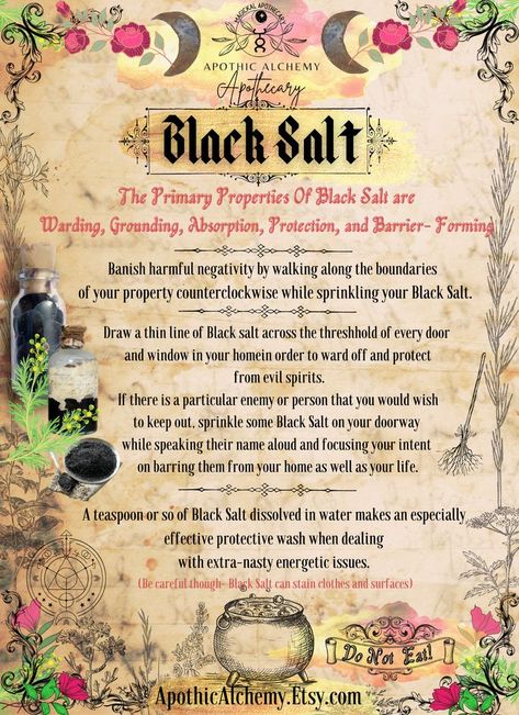 Black Salt aka Witches Salt. The primary properties of Black Salt are Warding, Grounding, Absorption, Protection,and Barrier-Forming. Herbal Apothecary Recipes, Salt For Protection, Witches Salt, Wicca Herbs, Witchcraft Spells For Beginners, Magickal Herbs, Spells For Beginners, Rune Tattoo, Witchcraft Books