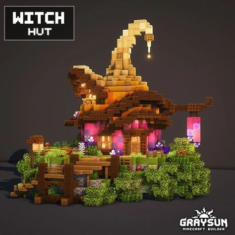 Minecraft Witch Cottage Ideas, Minecraft Fantasy Witch House, Minecraft Which Hut, Fantasy Shop Minecraft, Mc Witch House, Witch Shop Minecraft, Minecraft Witch Hut Ideas, Minecraft Witches House, Minecraft Fantasy Build Ideas