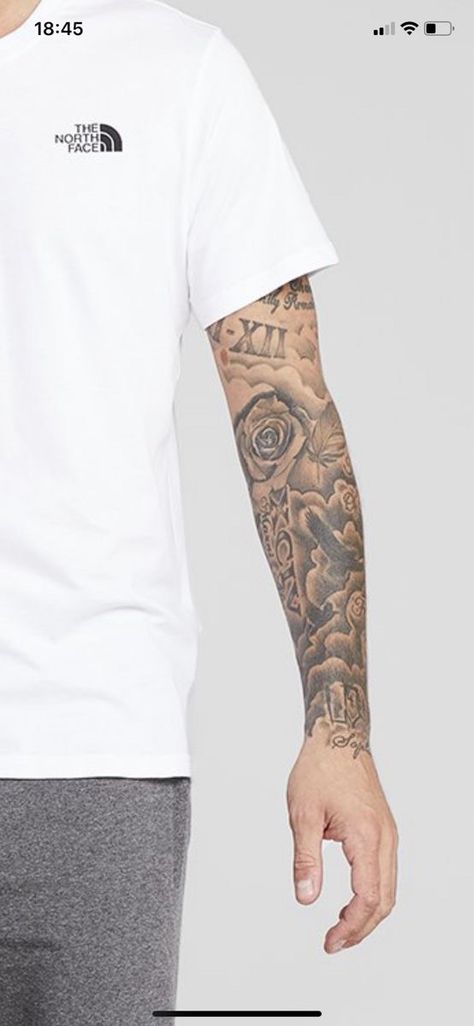 Clouds Sleeve Tattoo Men, Men Full Arm Tattoo, Filling In Tattoo Sleeve Negative Space, Full Arm Tattoo Men Design Inspiration, Half Sleeve Tattoo For Men Forearm Ideas, Upper Arm Tattoo Men Half Sleeves Design, Cloud Shading Tattoo, Full Hand Tattoo Men, Upper Arm Tattoo Men Half Sleeves