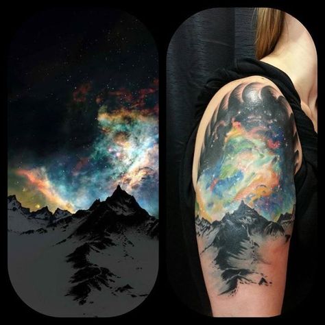 Aurora Borealis tattoo Aurora Borealis Tattoo, Northern Lights Tattoo, Sky Tattoos, Earth Tattoo, See Tattoo, Nature Tattoo Sleeve, Light Tattoo, Galaxy Tattoo, 4 Tattoo