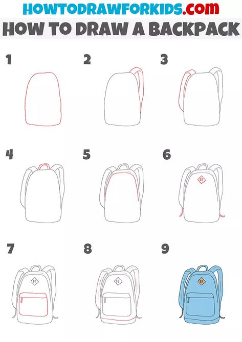 Backpack Doodle Easy, How To Draw Backpack, School Bag Drawing Easy, How To Draw Bag, Inktober 2024 Backpack, Backpack Art Drawing, Cartoon Backpack Drawing, How To Draw A Backpack, Backpack Drawing Reference