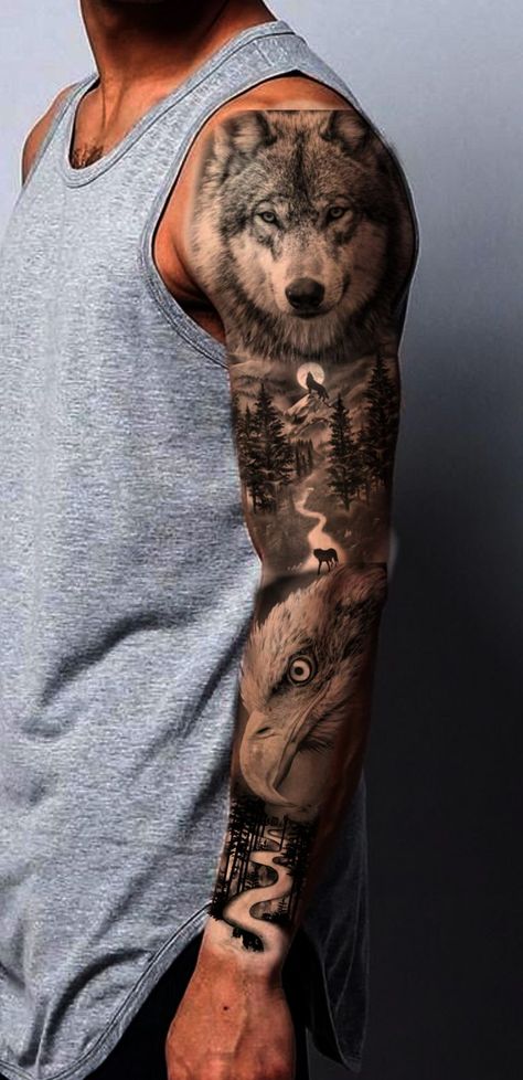 Wilderness Sleeve Tattoo For Men, Wolf Full Arm Tattoos For Guys, Full Sleeve Tattoos Animals, Wolf Full Sleeve Tattoo For Men, Wolf Tattoo Full Sleeve, Tattoo Sleeve Men Animals, Animal Realism Tattoo Sleeve, Men’s Animal Sleeve Tattoo, Men Tattoo Wolf