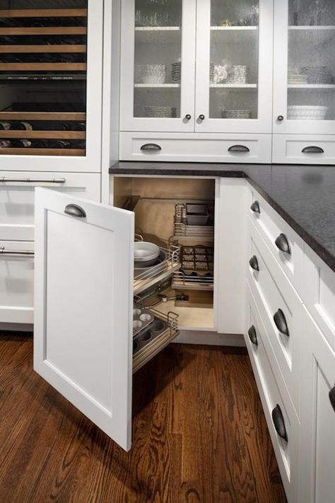 Gilday Renovations: White Shaker style cabinetry with floating door hinges. Built-in refrigerator with ... Angled Corner Kitchen Cabinet, Corner Kitchen Cabinet Ideas, Corner Cabinet Solutions, Corner Cabinet Organization, Corner Storage Cabinet, Corner Kitchen Cabinet, Corner Kitchen, Floor Renovation, Refacing Kitchen Cabinets