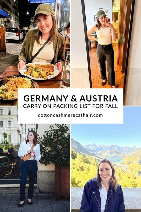 Planning a fall trip to Germany? Kimi of Cotton Cashmere Cat Hair shared everything you need to know to pack the perfect carry on suitcase for two weeks in Germany (and Austria) in September! Find my full packing list, outfit ideas, recommendations, and more. Pack For Two Weeks, Germany Packing List, Munich Germany Travel, Fall Packing List, September Travel, Germany Outfits, Fall Packing, Trip To Germany, Germany Fashion