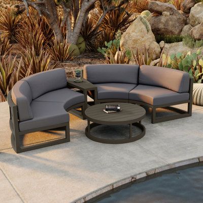 Wedge End Table, Curved Sectional, Sunbrella Cushions, Table Dimensions, Sunbrella Fabric, Sit Back And Relax, Round Coffee Table, Outdoor Design, Comfortable Seating