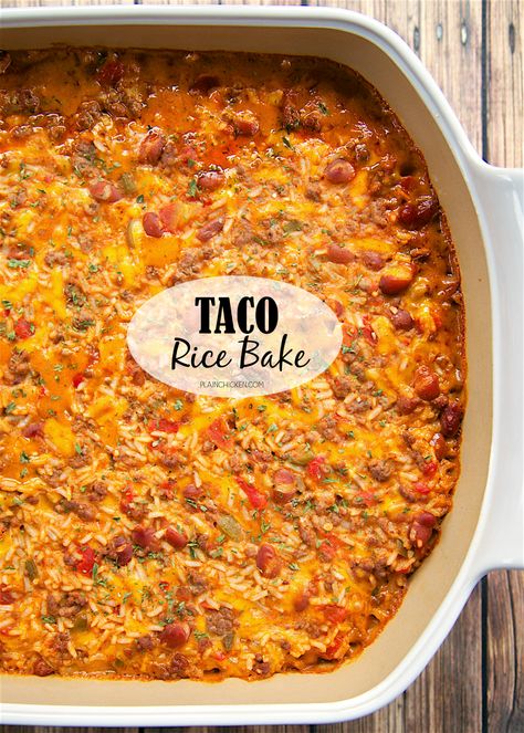 Taco Rice Bake - loaded with taco meat, beans, Rotel, cheese, and rice. It's a full meal in one dish! We like to top the casserole with our favorite taco toppings - cheese, sour cream, jalapeños and guacamole! This a great change to our usual taco night!! Taco Rice Bake, Mexican Rice Casserole, Taco Rice, Rice Bake, Taco Bake, Mexican Rice, Taco Meat, Rice Casserole, Cannoli