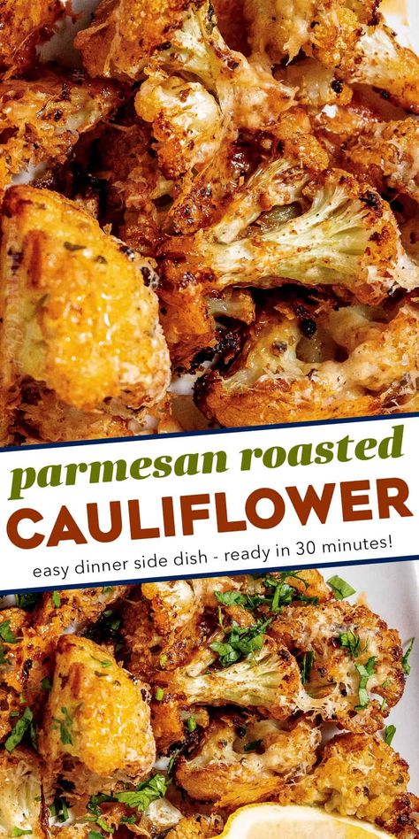 Cauliflower Parmesan Crisps, Crispy Parmesan Roasted Cauliflower, Parmesan Dessert, Cheesy Cauliflower Melt, Cauliflower Sides, Dinner Cravings, Metabolism Recipes, Easy Dinner Side Dishes, Cauliflower Roasted