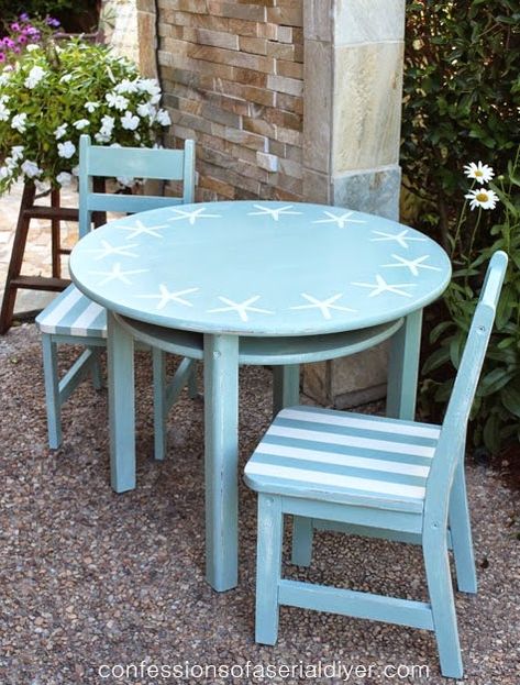 Starfish Stencil Ideas for Furniture: http://www.completely-coastal.com/2014/08/diy-coastal-starfish-stencil-ideas.html Coastal Furniture Ideas, Ideas For Furniture, Reused Furniture, Deco Marine, Beach Furniture, Stencil Ideas, Stencil Furniture, Kids Table And Chairs, Table Makeover