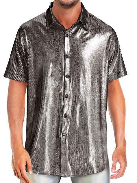 PRICES MAY VARY. ✨Mens Disco Shirt: This Metallic Color Shirt with All over Sequins, Glittery, Features Collared Neck, Short Sleeves, Button Down. With this Shiny Shirt You Will Look More Charming in Disco Party Lighting. ✨Shiny Party Shirt: The Golden and Silver Glitter T-Shirt is the One You Need for Upcoming Party. Softly Hued Sequins Shimmer and Shine Every Angle, You will be the Most Dazzleing Guy out of the Crowd while Dancing. Gorgeous Glittery Top Perfect for Bachelor Party, Gala, Stage Mens 70s Outfits, Glam Party Outfit, Disco Party Costume, Glittery Top, 70s Outfit, Carnival Christmas, Green Tights, Party Outfit Men, Party Lighting