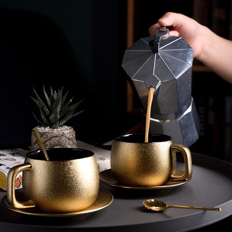 High End Dubai Style Gold Coffee Cup Home Minimalist Modern Tea Cup Nordic Flower Tea Cup Golden Coffee, Frosted Coffee, Gold Coffee Cup, Afternoon Tea Parties, Coffee Cup Set, Flower Tea, Coffee Accessories, Cup Set, Ceramic Coffee Cups