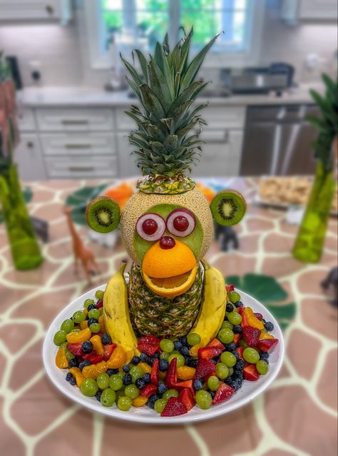 Monkey Themed Party Food, Animal Fruit Tray Party Ideas, Fruit Monkey Display, Monkey Fruit Tray, Monkey Fruit Platter, Wild One Fruit Platter, Safari Fruit Display, Monkey Fruit Display, Jungle Themed Charcuterie Board