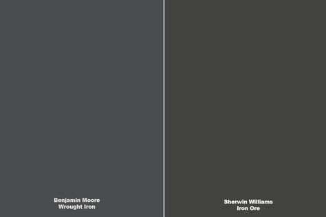 Benjamin Moore Wrought Iron (2124-10) is the perfect almost-black paint color for cabinets, kitchen island, accent walls and even moody exteriors. It has subtle undertones that stop it from being all-out black and instead soften it up. But is it the right color for you? Wrought Iron Vs Peppercorn Paint, Benjamin Moore Black Cabinets, Black Paint Cabinets, Black Magic Benjamin Moore, Bm Wrought Iron Exterior, Bm Wrought Iron Cabinets, Black Paint Colors For Cabinets, Iron Ore Benjamin Moore, Iron Ore Vs Wrought Iron Paint