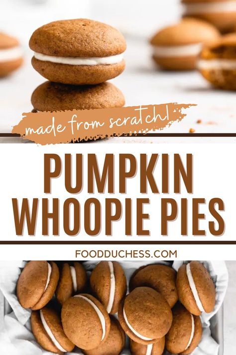 These Pumpkin Whoopie Pies feature Brown Butter Cream Cheese Filling is sandwiched between 2 fluffy pumpkin cookies. While it’s pretty obvious that these Pumpkin Whoopie Pies are delicious in all sense of the word. If you’ve never tried a whoopie pie, then you are in for a serious treat! A Whoopie Pie, also known as Mallomars or Moon Pies, are a classic American baked good that involves 2 mini cake mounds that are filled with some sort of creamy filling. The cake mounds can range in flavors. Pumpkin Whoppie Pies, Pumpkin Whoopie Pie Recipe, Whoopie Pie Filling, Brown Butter Cream Cheese, Whoopie Pie Recipe, Pumpkin Whoopie Pies, Pumpkin Moon, Moon Pies, Whoopie Pie