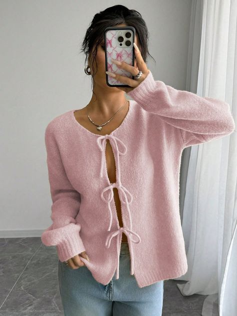 Trendy Loose Front Tie Design Long Sleeve Cardigan Baby Pink Casual  Long Sleeve Knitwear Plain  Medium Stretch  Women Clothing, size features are:Bust: ,Length: ,Sleeve Length: Sewing Cardigan, Tie Design, Pink Cardigan, Knitwear Tops, Sleeve Cardigan, Outfit Set, Long Sleeve Cardigan, Knitwear Women, Casual T Shirts