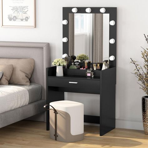 Makeup Vanities Black Makeup Vanity, Makeup Vanity With Drawers, Black Dressing Tables, White Makeup Vanity, Makeup Vanity Table, Makeup Vanities, Closet Vanity, Dressing Table Design, Makeup Table Vanity