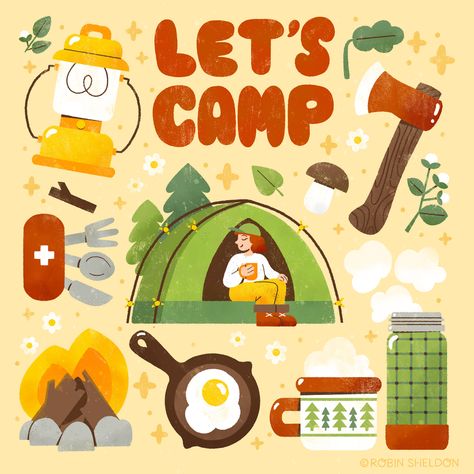 🏕🔦🏞️🔥🥾🎒 Let's Camp 🏕🔦🏞️🔥🥾🎒 on Behance Camp Poster Ideas, Camping Illustration Art, Camp Illustration, Travel Illustration Art, Camping Cartoon, Camping Illustration, Camping Stickers, Camping Drawing, Cozy Camping