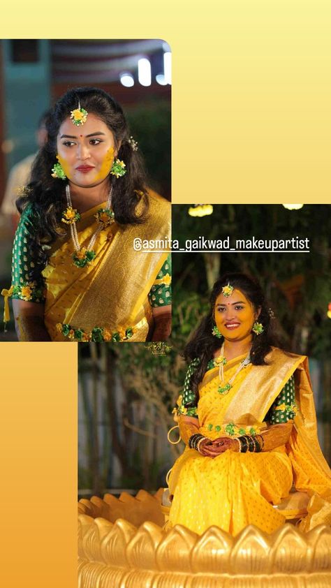 Haldi Bride 💛 Makeup by_ @asmita_gaikwad_makeupartist Bride_ @aishwarya_mali_ #haldiceremony #bridetobe #marathi #makeupartist #makeup #eyemakeup Marathi Haldi Look For Bride, Haldi Bride Makeup, Haldi Look For Bride, Haldi Pose, Haldi Look, Haldi Bride, Makeup Bar, Marathi Bride, Makeup By