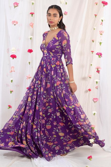 Buy Esha Koul Purple Georgette Floral Print Anarkali With Dupatta Online | Aza Fashions Georgette Floral Anarkali Dress, Georgette Frocks, Floral Anarkali Dresses, Printed Georgette Dress, Floral Long Frocks, Floral Anarkali, Anarkali With Dupatta, Casual Denim Dress, Babies Photography