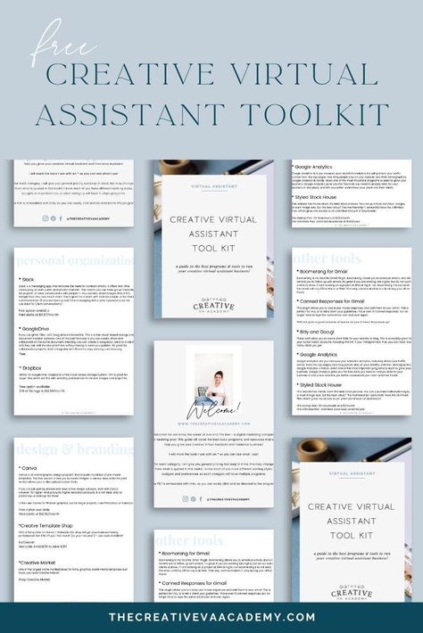 Not sure what programs and tools you need to start your Creative Virtual Assistant Business? Get your FREE guide with the top tools you need today! | The Creative VA Academy Creative Virtual Assistant, Virtual Assistant Portfolio Example, Virtual Assistant Portfolio, Powerpoint Examples, Va Logo, Va Business, Virtual Assistant Tools, Pinterest Va, Amazon Work From Home