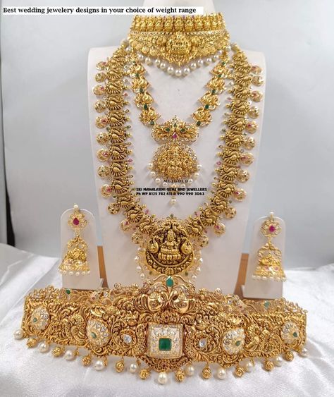 Best Wedding jewellery designs in your choice of weight range. Presenting an excellent wedding set with Haram, necklace, choker and beautiful Vaddanam. Visit us for full range at MOST COMPETITIVE PRICES. Connect instant video call on 8125 782 411 or 990 990 3063 from 11 am to 8 pm anytime. Perfect finishing, Clear price tagging, GOLD TESTING MACHINE AVAILABLE Get 100 percent value for your old Gold exchange. Free shipping within INDIA & USA, Singapore. #weddingjewelery #bridaljewelery #vadyan Vaddanam Designs Gold Indian Bridal, Full Bridal Jewellery Set, Gold Jwellary, Wedding Jewellery Set, Wedding Jewellery Designs, Wedding Jewelery, Long Haram, Gold Temple Jewellery, Bridal Jewelry Necklace