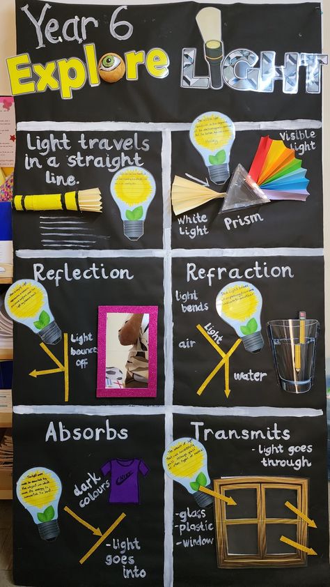 Science Soft Board Decoration, Science Chart Ideas For Class 8, Light Science Project, Science Display Ks2, Physics Charts Ideas, Science Tlm Ideas, Science Boards Display Ideas, Light Bulletin Board Ideas, Science Board Decoration Ideas