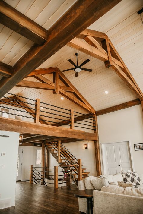 High Ceiling
Staircase
Timber Beams
Living Rom Cathedral Ceiling With Loft, High Beam Ceilings, Vaulted Ceiling Loft Space, Loft Over Kitchen High Ceilings, High Ceiling Loft Ideas, Cathedral Ceiling Living Room With Loft, Vaulted Living Room With Loft, Barndominium High Ceiling, Timberframe Interiors Modern