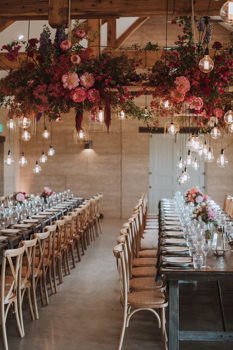 Flowers Hanging From Ceiling Wedding Floral Chandelier, Flowers On Ceiling, Hanging Floral Wedding, Floral Chandelier Wedding, Hanging Flowers Wedding, Reception Ceiling, Burgundy Wedding Theme, Hanging Installation, Wedding Draping