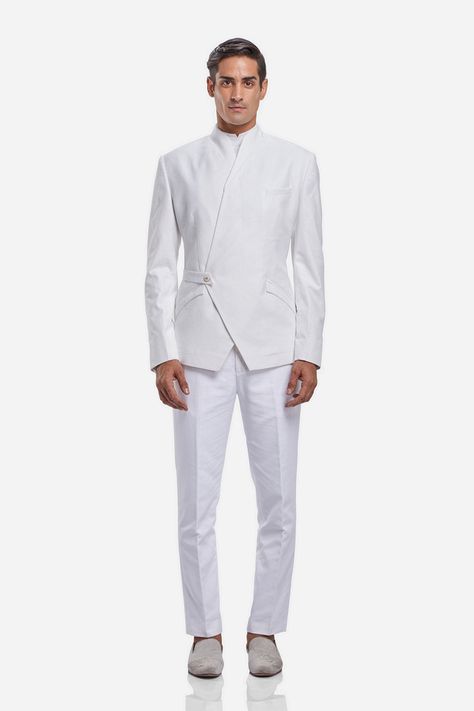 Wrap Suit Men, All White Outfit Men, Pushed Back Hair, White Suit Men, White Leather Jacket Outfit, Prince Suit, White Turtle Neck, Style Masculin, Indian Men Fashion