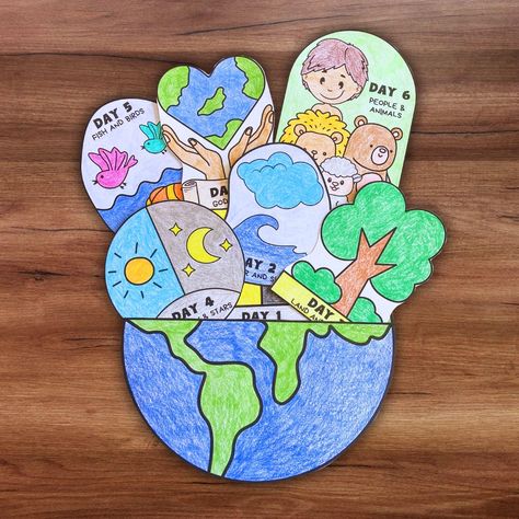 This craft is perfect for teaching children Bible stories and scripture. This activity features the 7 days of creation to color, cut out and place in a fun "earth pocket". This is an excellent homeschool or religious activity for kids. Whether you're a church leader looking to teach Bible stories to kids during church services, or you just want to provide a fun and educational activity for your kids, this creation pocket craft is a great choice.  Simply print, color, cut and assemble. *THIS IS A Creation Animals Craft, Genesis 1 Craft For Kids, Creation Activity For Kids, Bible Class Ideas For Kids, Creation Story Activities For Kids, Days Of Creation Crafts For Kids, Creation Crafts For Kids Sunday School, Creation Crafts For Kids, Creation Crafts For Preschool