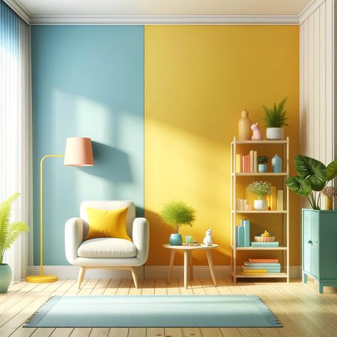 canary yellow and pale blue two tone wall color Yellow Painted Rooms, Two Tone Wall, Yellow Painted Walls, Wall Color Ideas, Bedroom Colours, Home Wall Colour, Two Tone Walls, Wall Color Combination, Living Room Wall Color