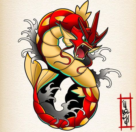 Gyrados Pokemon Art, Gyarados Tattoo, Red Gyarados, Shiny Gyarados, Dota Tattoo, Entei Pokemon, Pokemon Sleeves, Pokemon Gyarados, Pokemon Tattoos