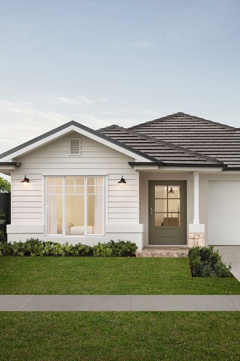 White Cladded House, House Exterior Weatherboard, Hamptons Homes Exterior, White Green House Aesthetic, Australian Houses Exterior, Australian House Facade, White Rendered House Exterior Australia, Front Of House Renovation, Coastal Hamptons Exterior