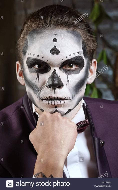 Download this stock image: Male sugar skull makeup. Face painting art. - JHYPEA from Alamy's library of millions of high resolution stock photos, illustrations and vectors. Sugar Skull Makeup For Men, Face Painting Art, Sugar Scull, Dead Makeup, Sugar Skull Halloween, Mexican Skull, Sugar Skull Makeup, Mexican Skulls, Art Face