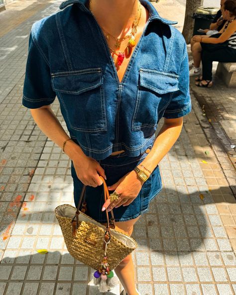 IG: @demibonita A summer-inspired outfit photo in Valencia wearing a denim co-ord set with a straw bag and gold jewellery Denim Co Ord Outfit, Denim Co Ord, Straw Bag Outfit, Thailand Outfit, Co Ords Outfits, Outfit Photo, Fit Summer, Summer Denim, Summer Inspo